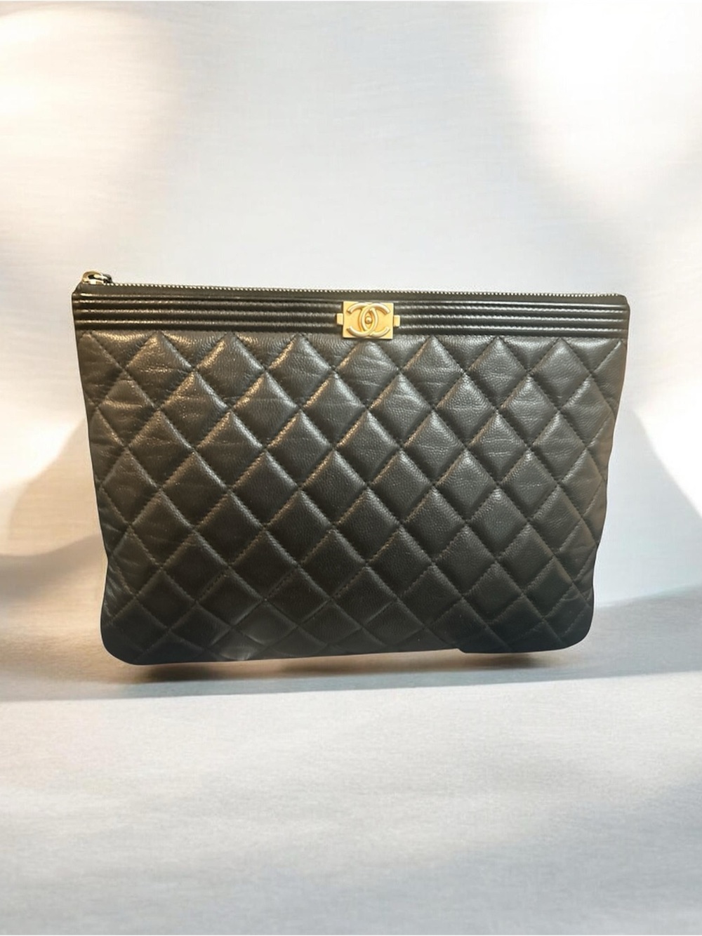 CHANEL Black Quilted Leather Wristlet Pouch with Gold CC Accent
